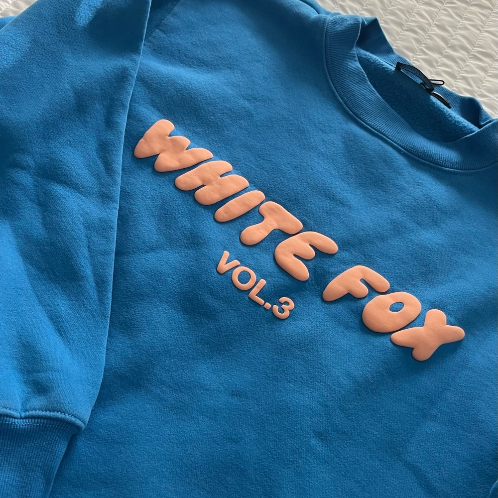 White Fox Blue Sweatshirt Pink Letters
